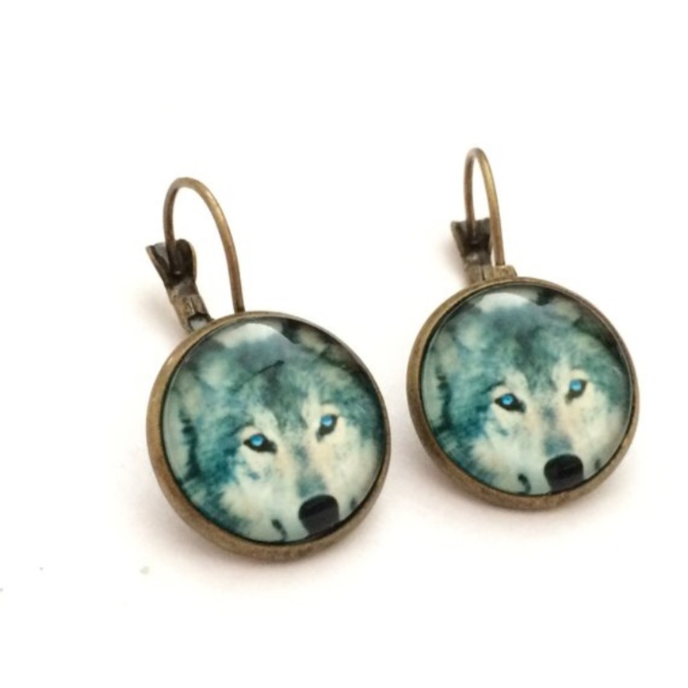Bronze Wolf Cabochon Earrings